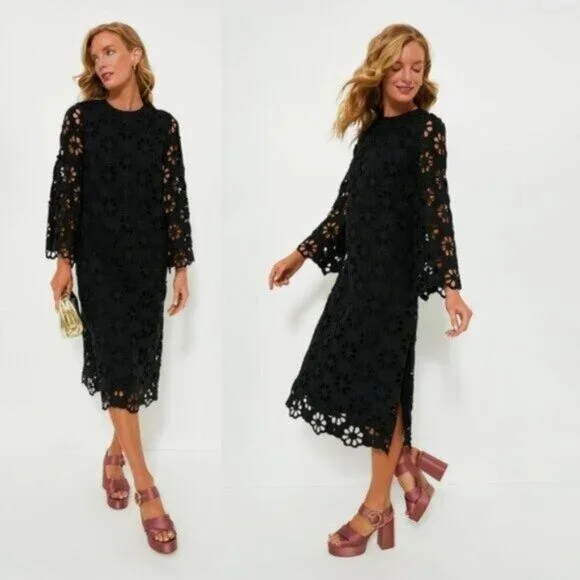 Tuckernuck NEW Noir Eyelet Hutton Long Sleeve Cotton Formal Midi Dress Size M - Picture 1 of 11